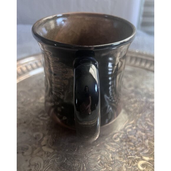Rare Vintage Pottery Craft USA Large Coffee Mug 3D Flower Brown Black Glazed Cup - Picture 4 of 7